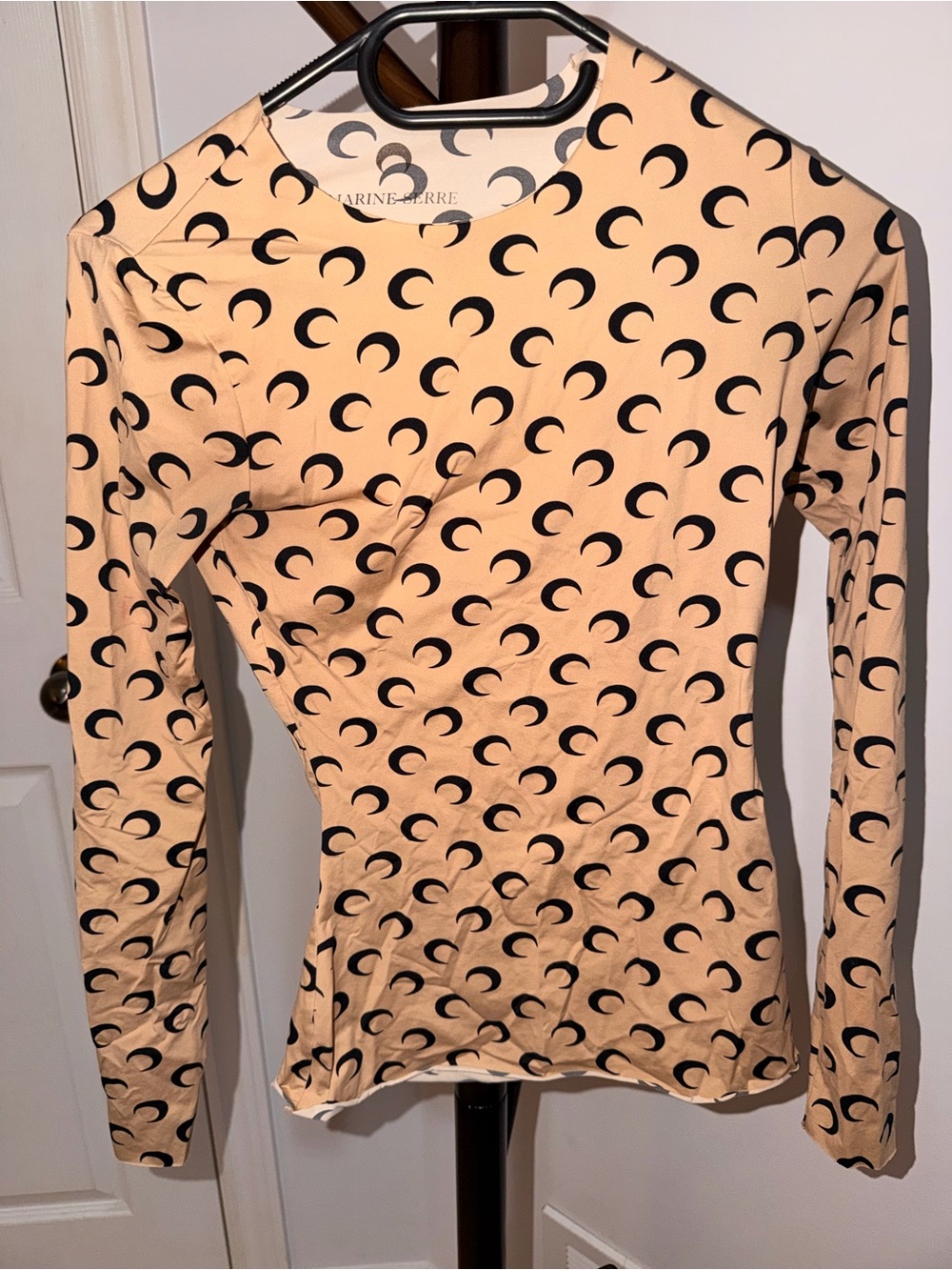 Marine Serre Black Crescent Moon Print Beige Long Sleeve Tee